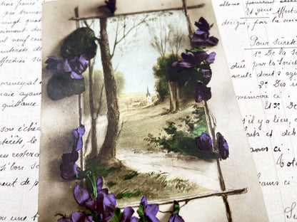 1910s - Vintage French Floral Postcard - Applied Purple Violets - Landscape Church Scene - Amities Sentiments - Antique Ephemera