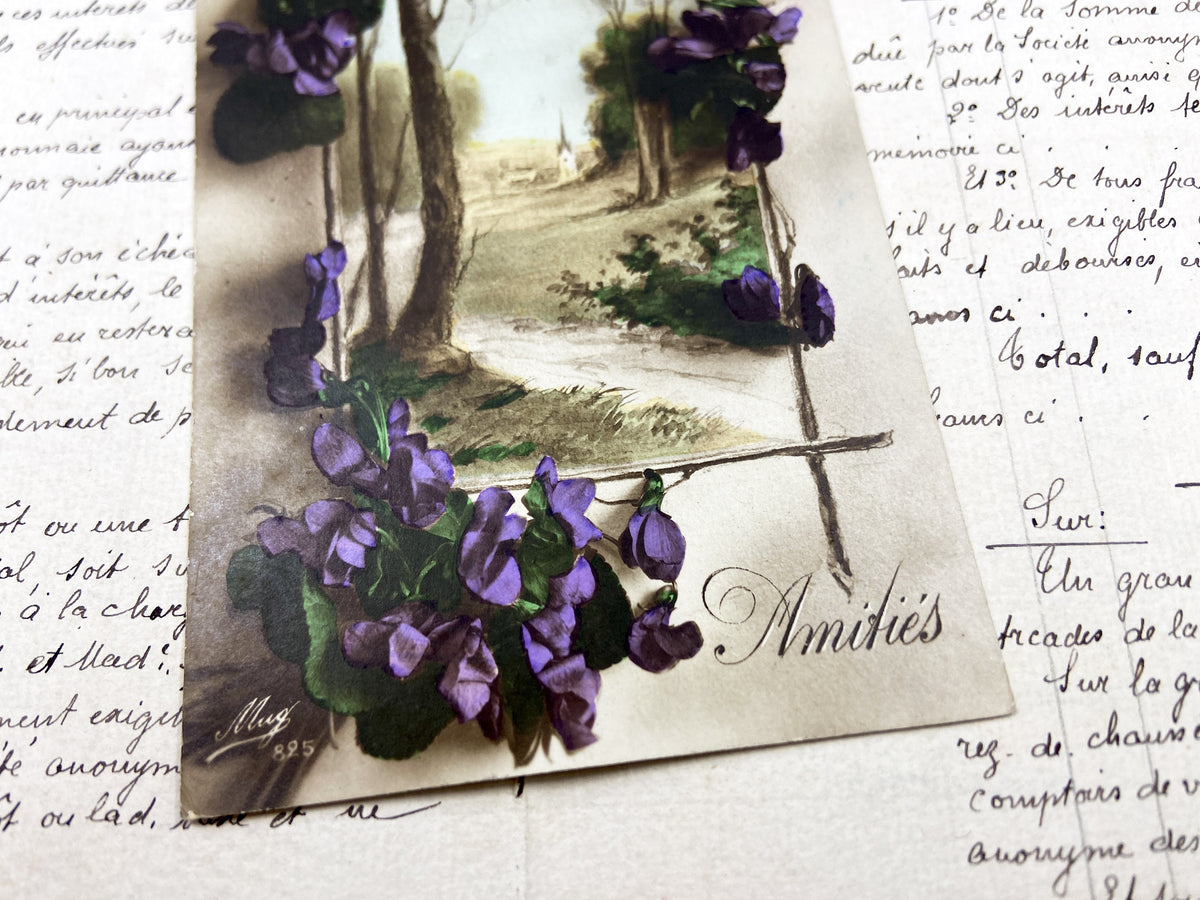 1910s - Vintage French Floral Postcard - Applied Purple Violets - Landscape Church Scene - Amities Sentiments - Antique Ephemera