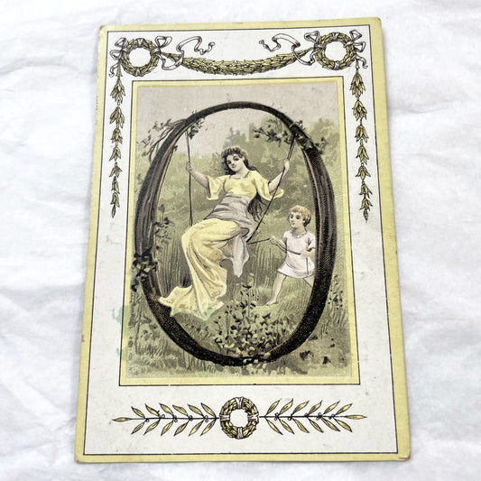 1900s - Vintage Edwardian Art Postcard - Woman On Swing - Belle Epoque Chromolithograph - Antique Decorative Ephemera Collectible.