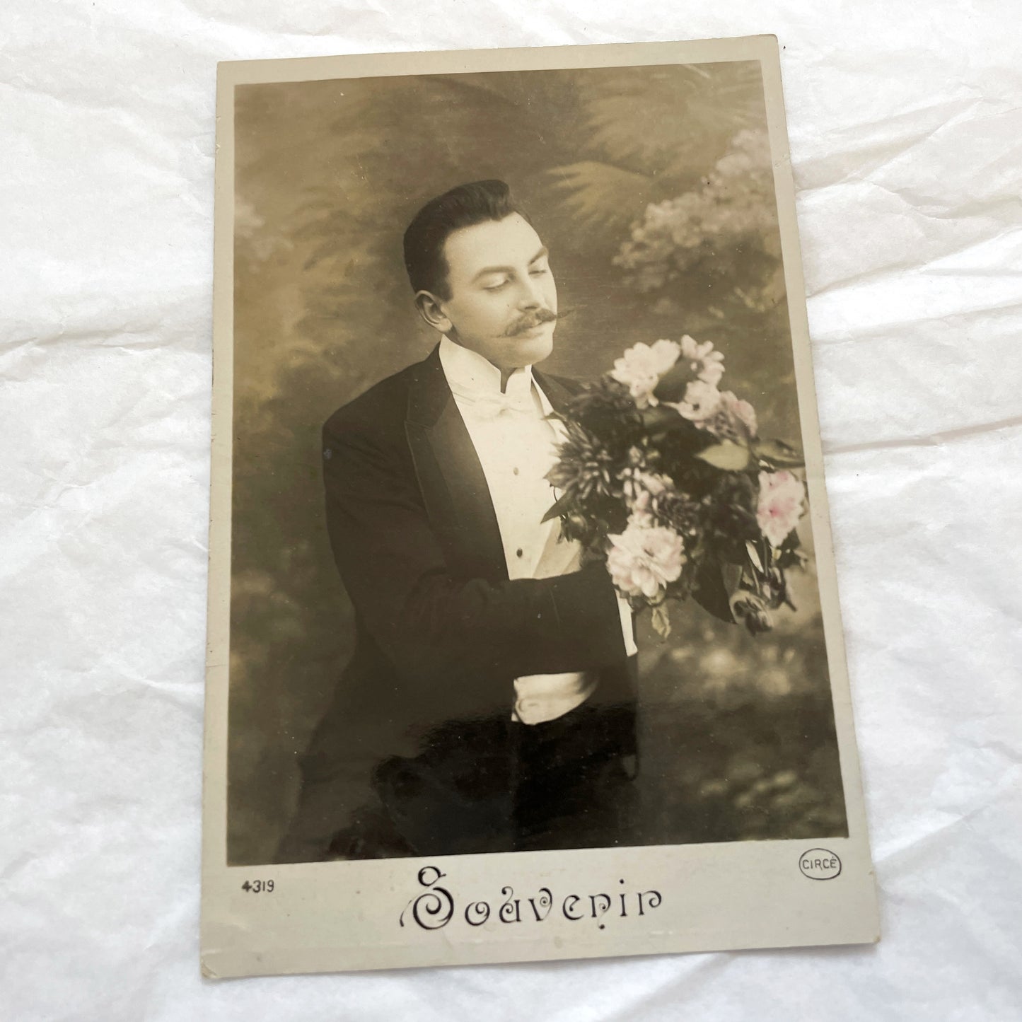 1900s - Vintage Gentleman Photo Postcard - Man With Moustache Holding Flowers - Old Sepia Souvenir Card
