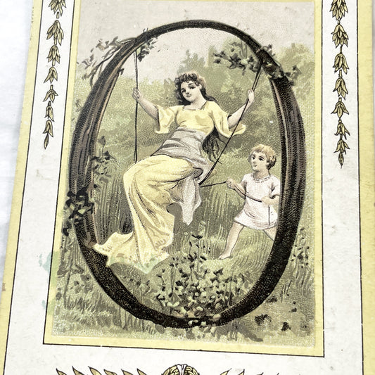 1900s - Vintage Edwardian Art Postcard - Woman On Swing - Belle Epoque Chromolithograph - Antique Decorative Ephemera Collectible.