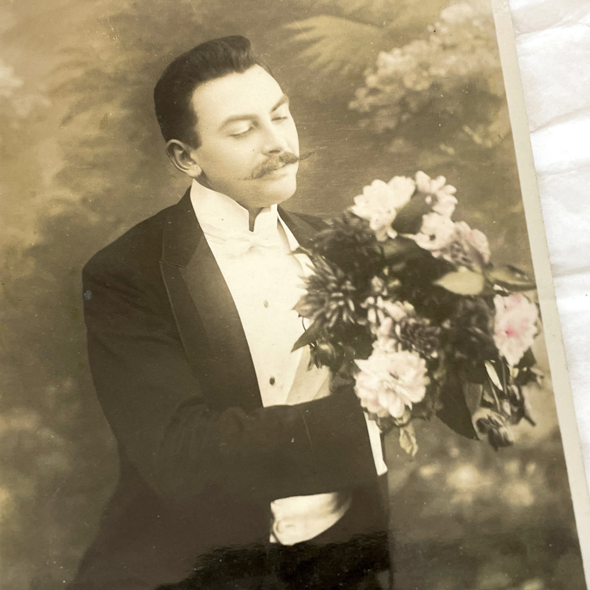 1900s - Vintage Gentleman Photo Postcard - Man With Moustache Holding Flowers - Old Sepia Souvenir Card