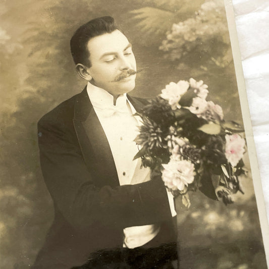 1900s - Vintage Gentleman Photo Postcard - Man With Moustache Holding Flowers - Old Sepia Souvenir Card