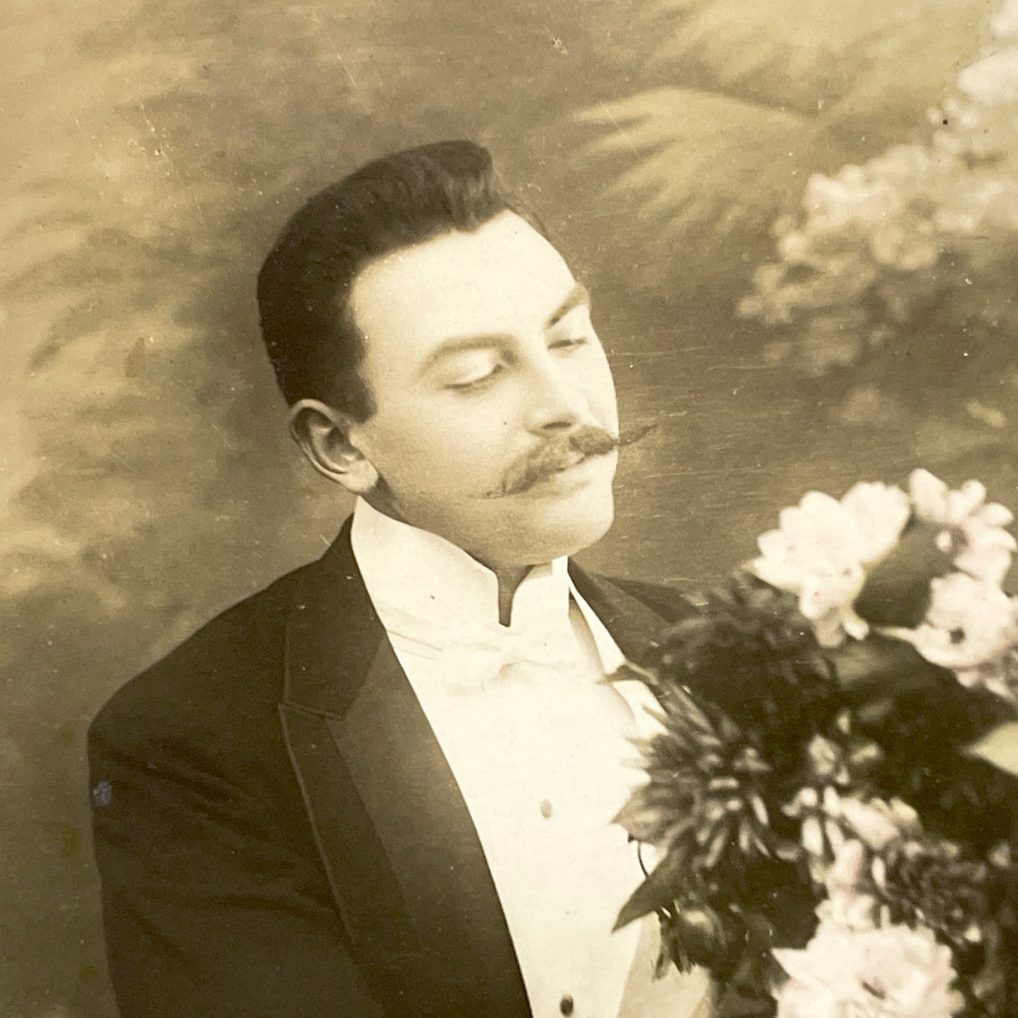1900s - Vintage Gentleman Photo Postcard - Man With Moustache Holding Flowers - Old Sepia Souvenir Card