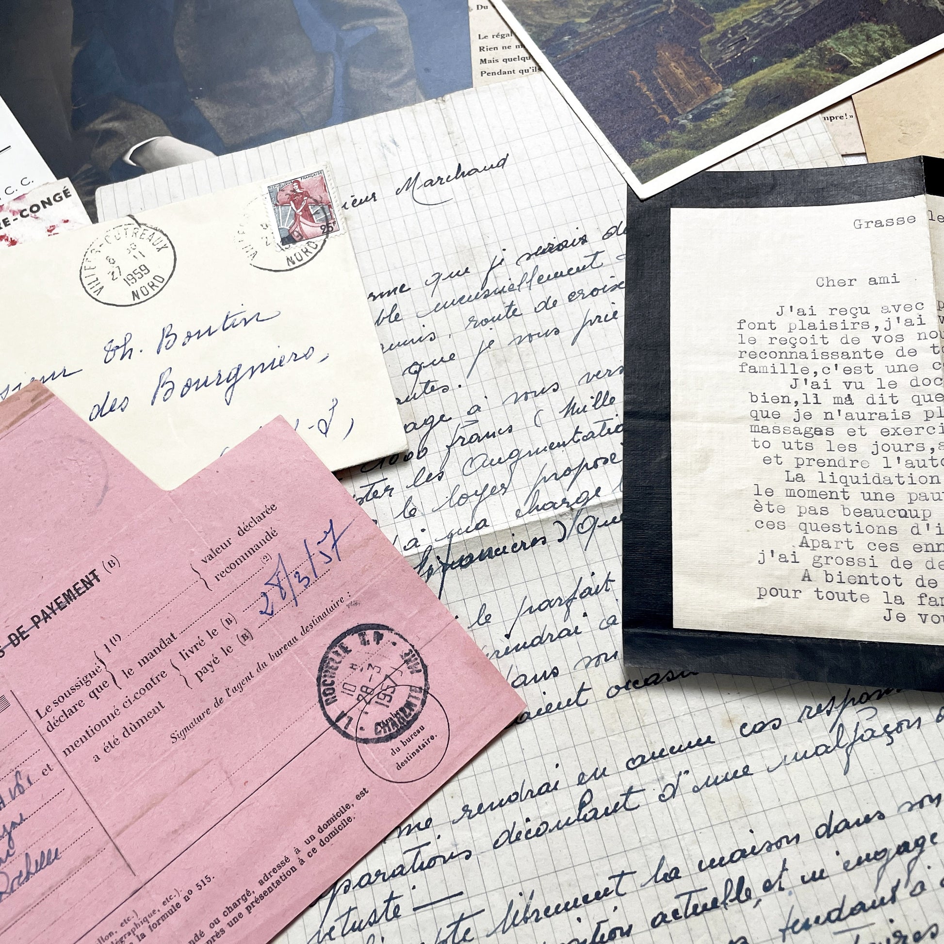 1950s - Vintage French Paper Ephemera Lot - Antique Letters - Invoices - Postcards - Documents - Scrapbooking - Junk Journaling Supplies