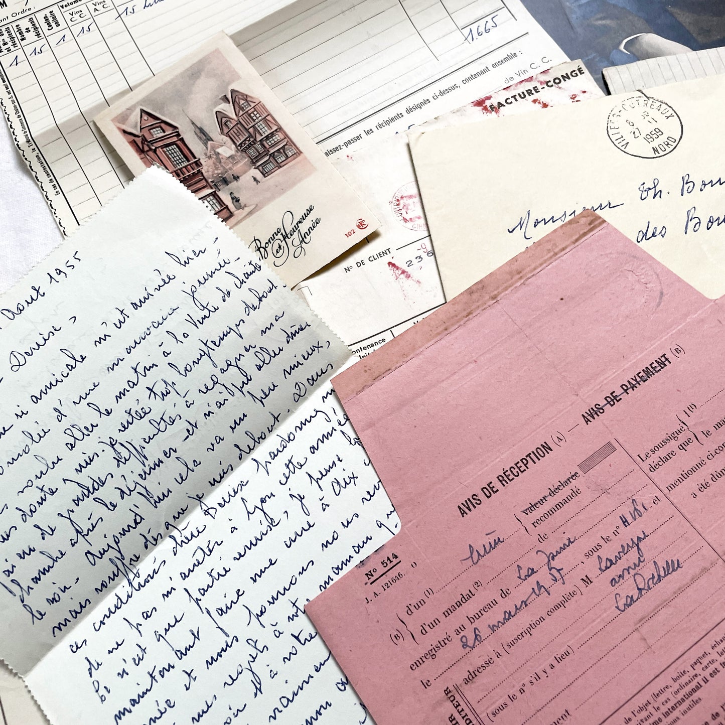 1950s - Vintage French Paper Ephemera Lot - Antique Letters - Invoices - Postcards - Documents - Scrapbooking - Junk Journaling Supplies