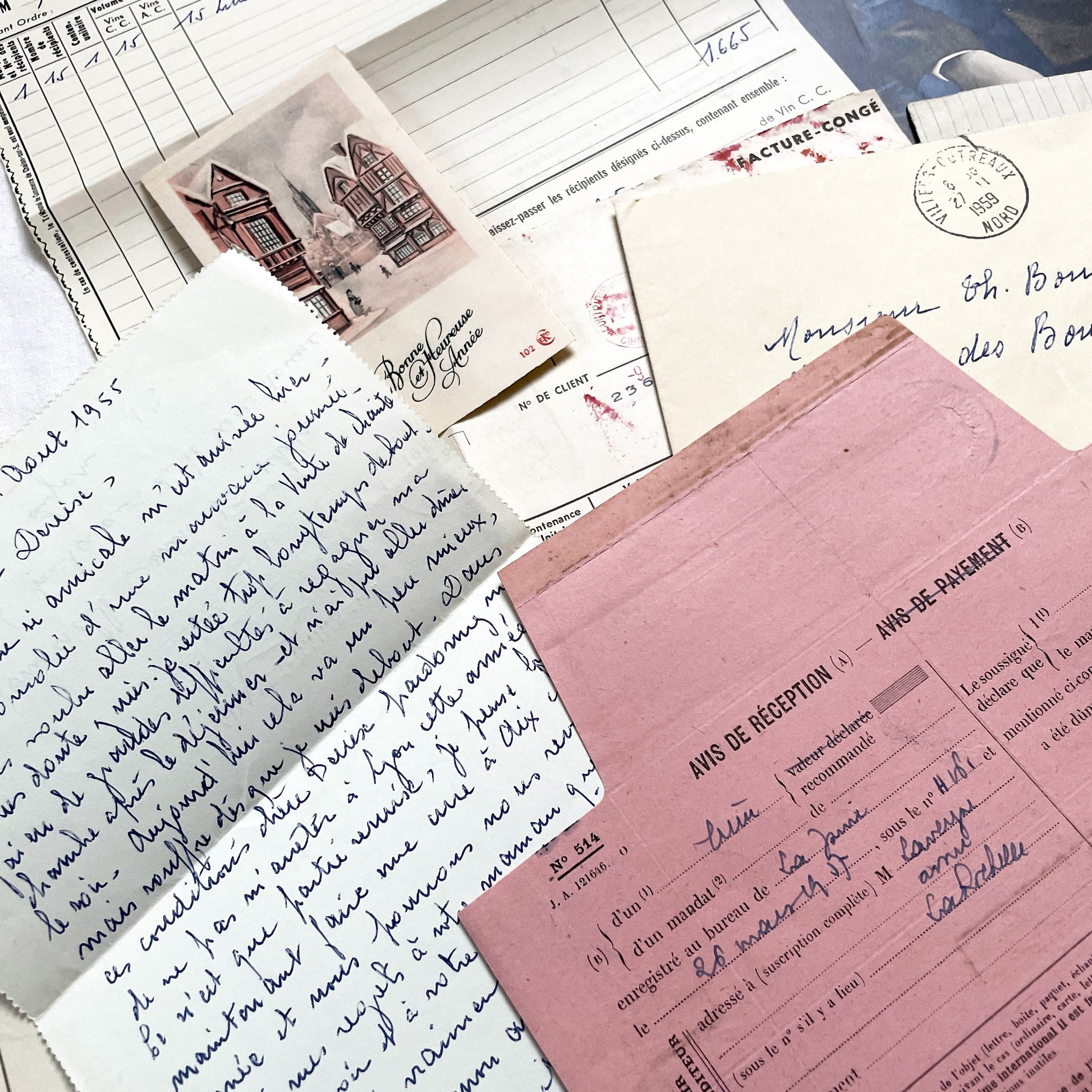 1950s - Vintage French Paper Ephemera Lot - Antique Letters - Invoices - Postcards - Documents - Scrapbooking - Junk Journaling Supplies