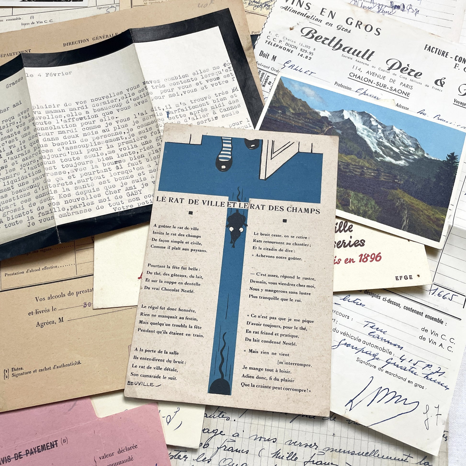 1950s - Vintage French Paper Ephemera Lot - Antique Letters - Invoices - Postcards - Documents - Scrapbooking - Junk Journaling Supplies