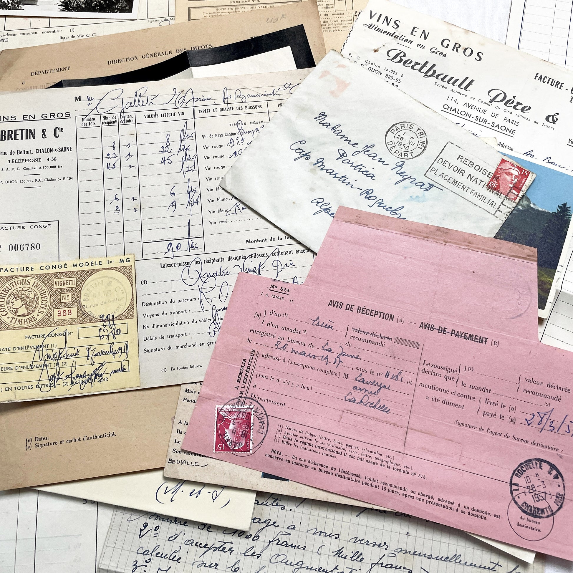 1950s - Vintage French Paper Ephemera Lot - Antique Letters - Invoices - Postcards - Documents - Scrapbooking - Junk Journaling Supplies