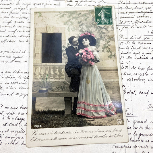 1900s - Vintage French Postcard - Belle Epoque Romantic Couple - Hand Colored Photo - Romantic Couple with Flowers