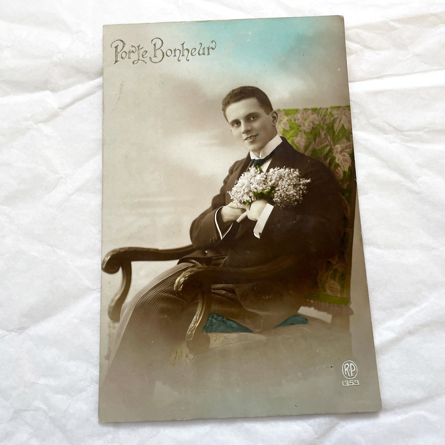 1920s - Antique Portrait Postcard - Young Man With Flowers - Sepia Hand-Colored Real Photo - French Porte Bonheur Good Luck Card