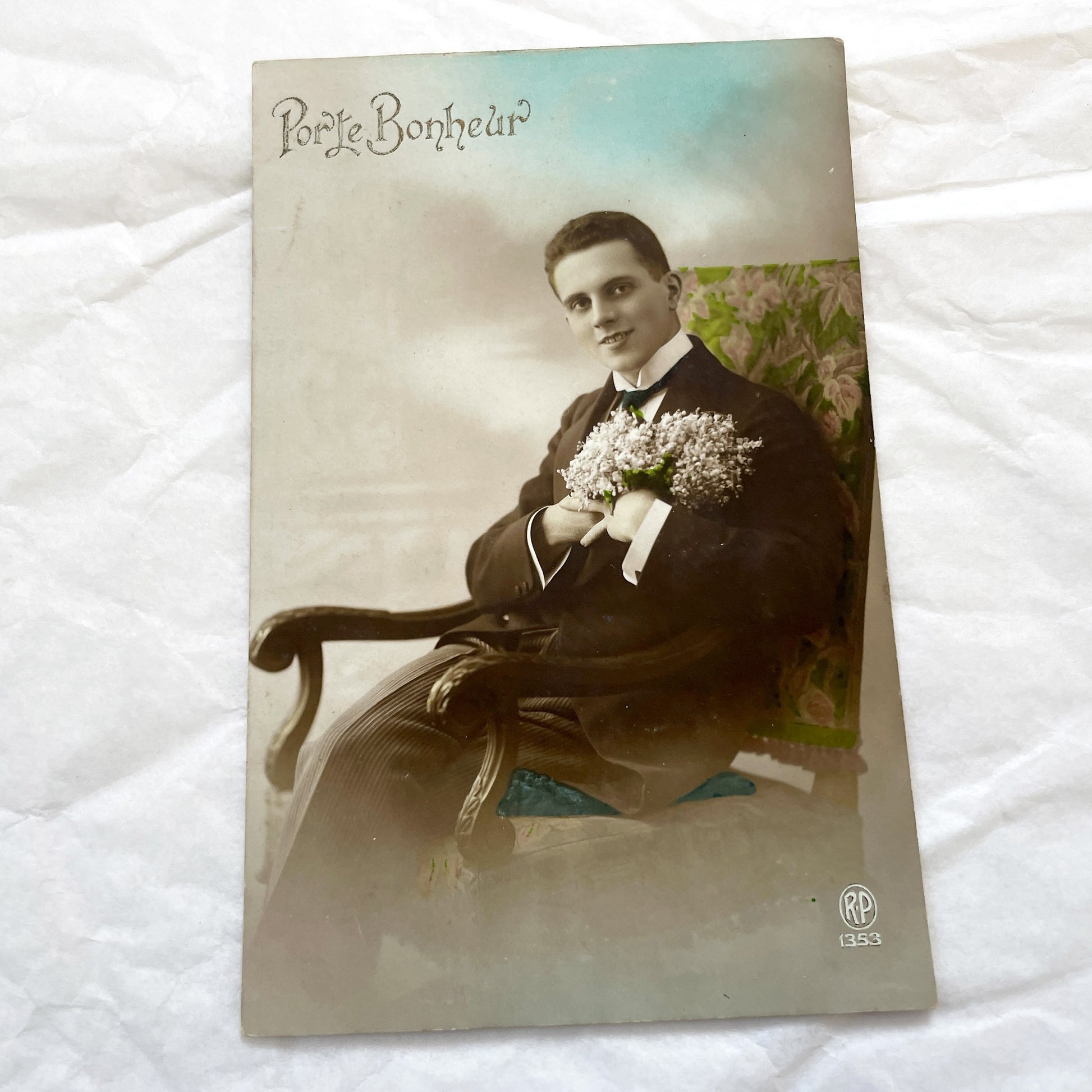1920s - Antique Portrait Postcard - Young Man With Flowers - Sepia Hand-Colored Real Photo - French Porte Bonheur Good Luck Card