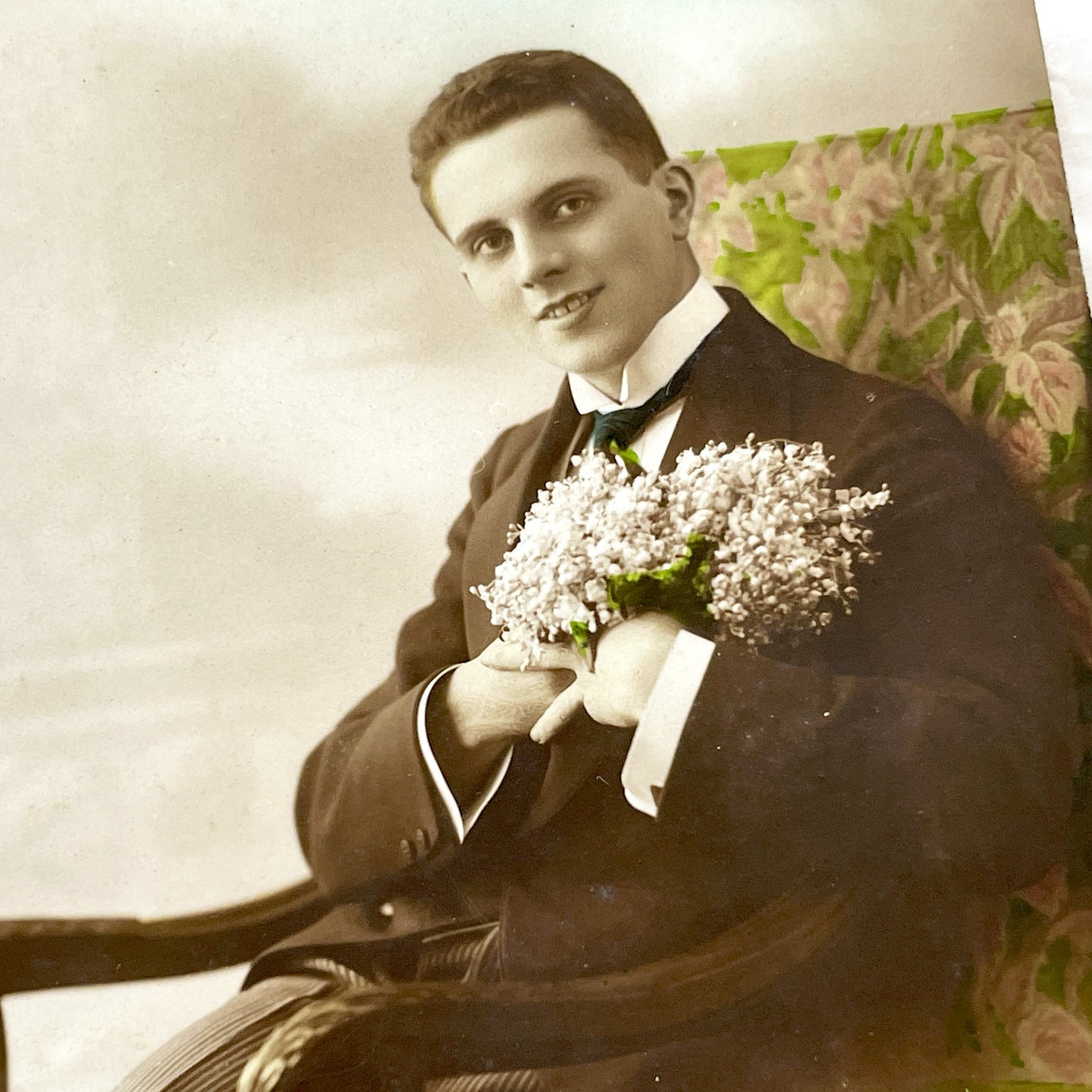 1920s - Antique Portrait Postcard - Young Man With Flowers - Sepia Hand-Colored Real Photo - French Porte Bonheur Good Luck Card
