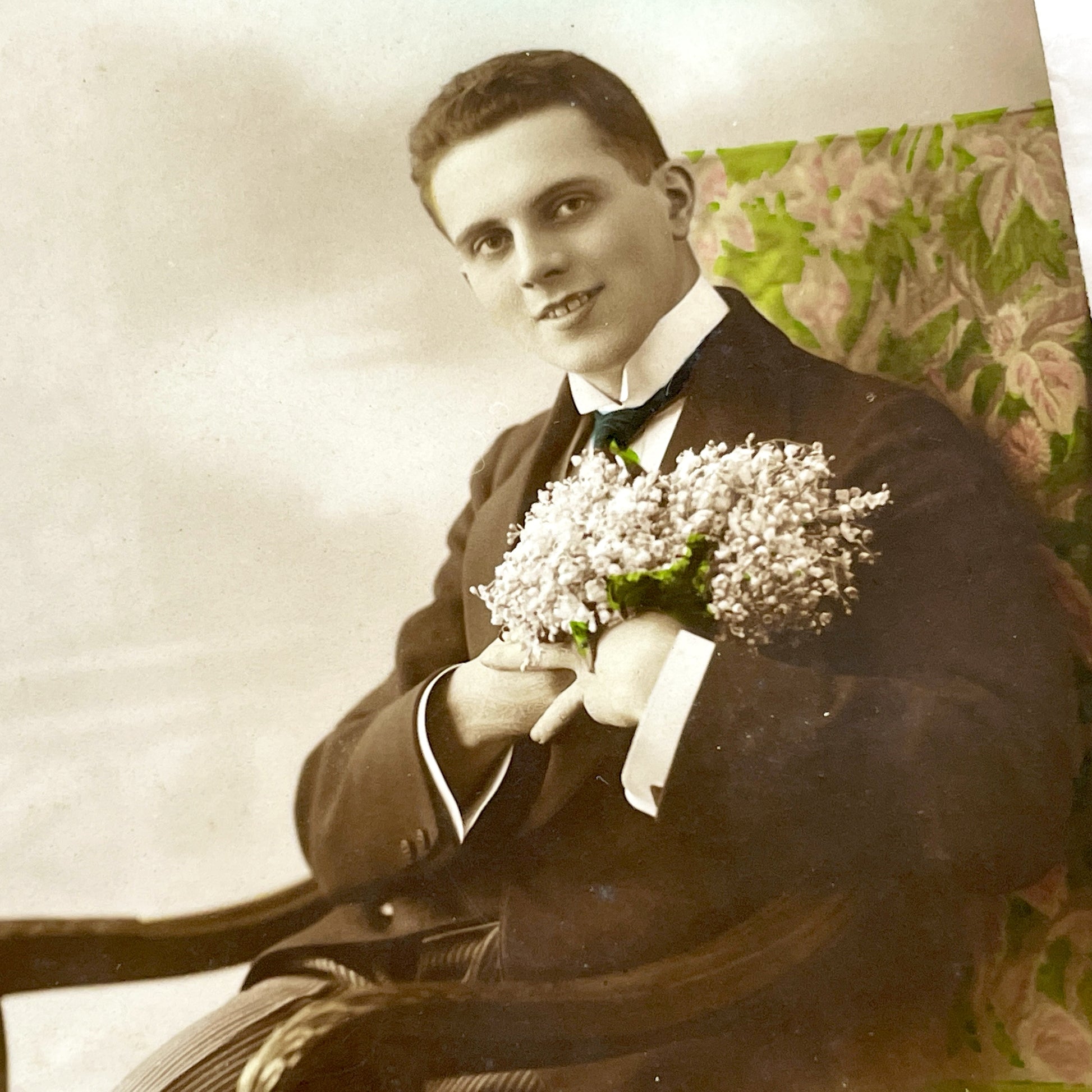 1920s - Antique Portrait Postcard - Young Man With Flowers - Sepia Hand-Colored Real Photo - French Porte Bonheur Good Luck Card