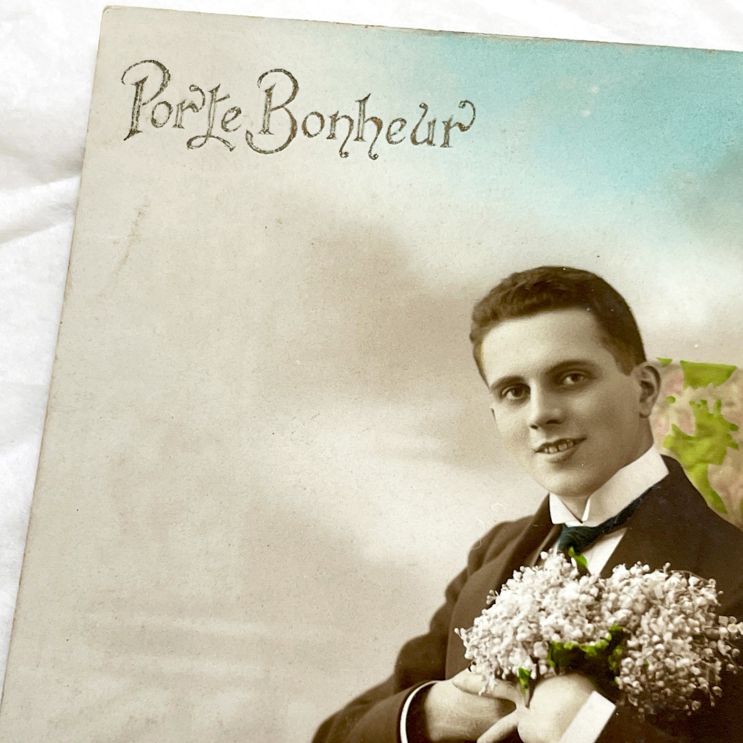 1920s - Antique Portrait Postcard - Young Man With Flowers - Sepia Hand-Colored Real Photo - French Porte Bonheur Good Luck Card