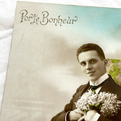 1920s - Antique Portrait Postcard - Young Man With Flowers - Sepia Hand-Colored Real Photo - French Porte Bonheur Good Luck Card