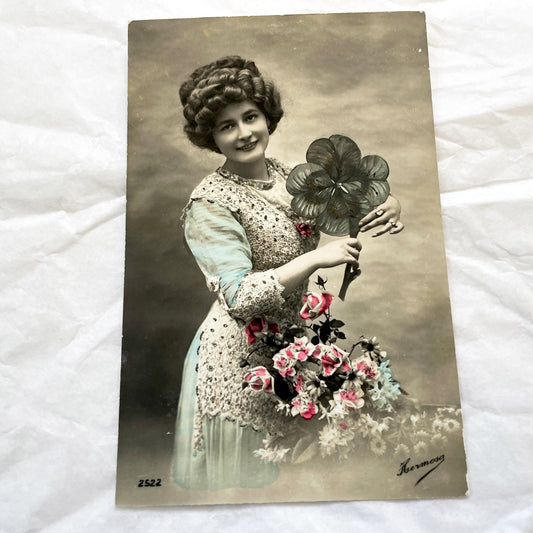 1910s - Antique Tinted Photo Postcard - Elegant Edwardian Lady - Four Leaf Clover - Floral Bouquet - Collectible Ephemera Art