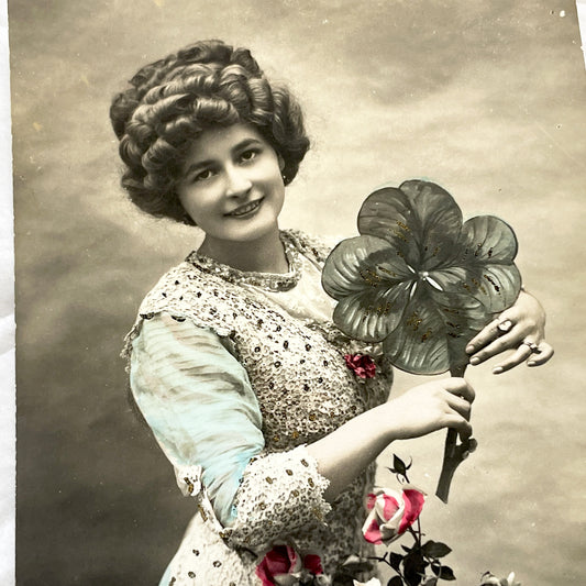 1910s - Antique Tinted Photo Postcard - Elegant Edwardian Lady - Four Leaf Clover - Floral Bouquet - Collectible Ephemera Art