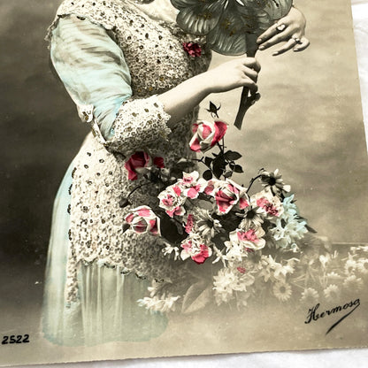 1910s - Antique Tinted Photo Postcard - Elegant Edwardian Lady - Four Leaf Clover - Floral Bouquet - Collectible Ephemera Art