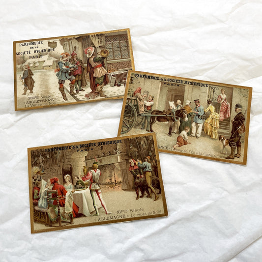 Late 19th - Set of 3 Chromolithograph Advertising Cards - French Perfume - Société Hygiénique Paris - Historical European Holiday Scenes