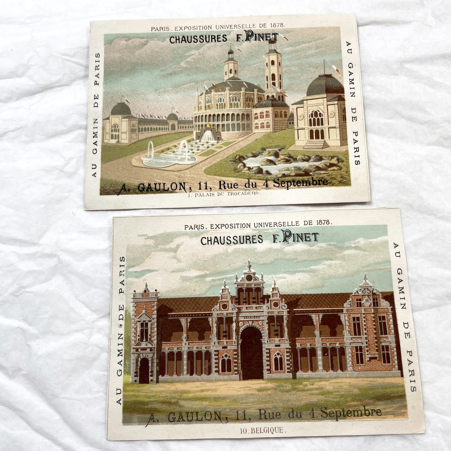 1890s - Two Large Vintage French Chromo - Paris 1878 Universal Exhibition - Palais du Trocadéro - Belgian Pavilion - Shoes Advertising Card