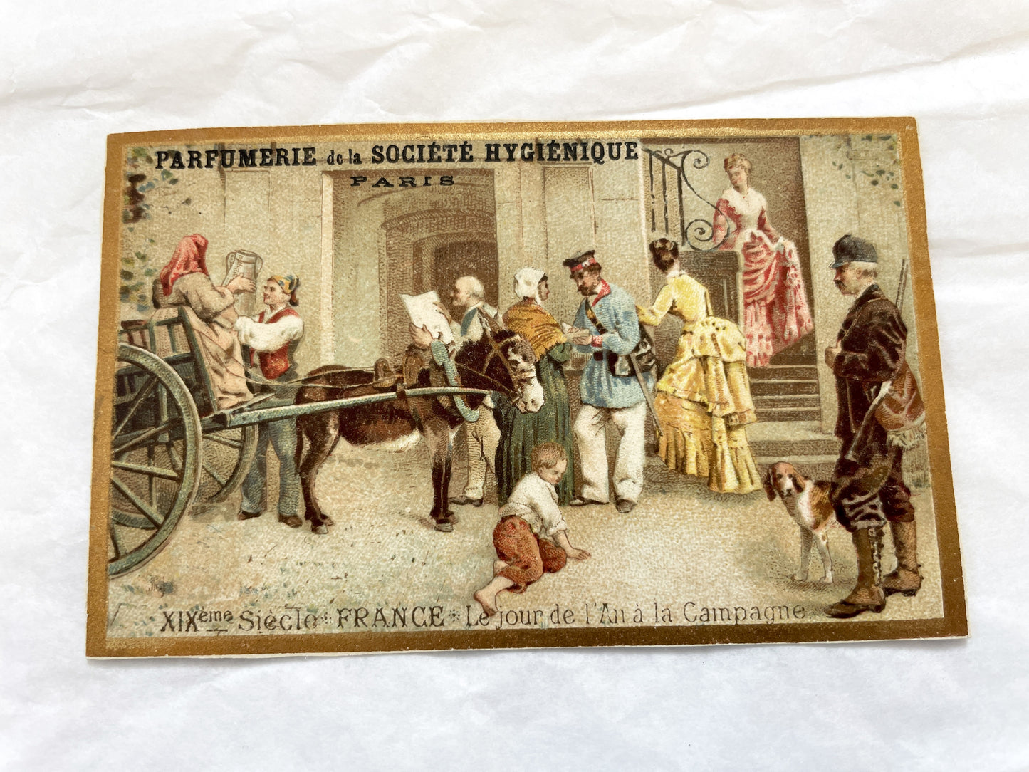 Late 19th - Set of 3 Chromolithograph Advertising Cards - French Perfume - Société Hygiénique Paris - Historical European Holiday Scenes