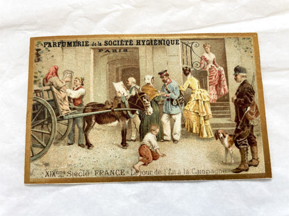 Late 19th - Set of 3 Chromolithograph Advertising Cards - French Perfume - Société Hygiénique Paris - Historical European Holiday Scenes
