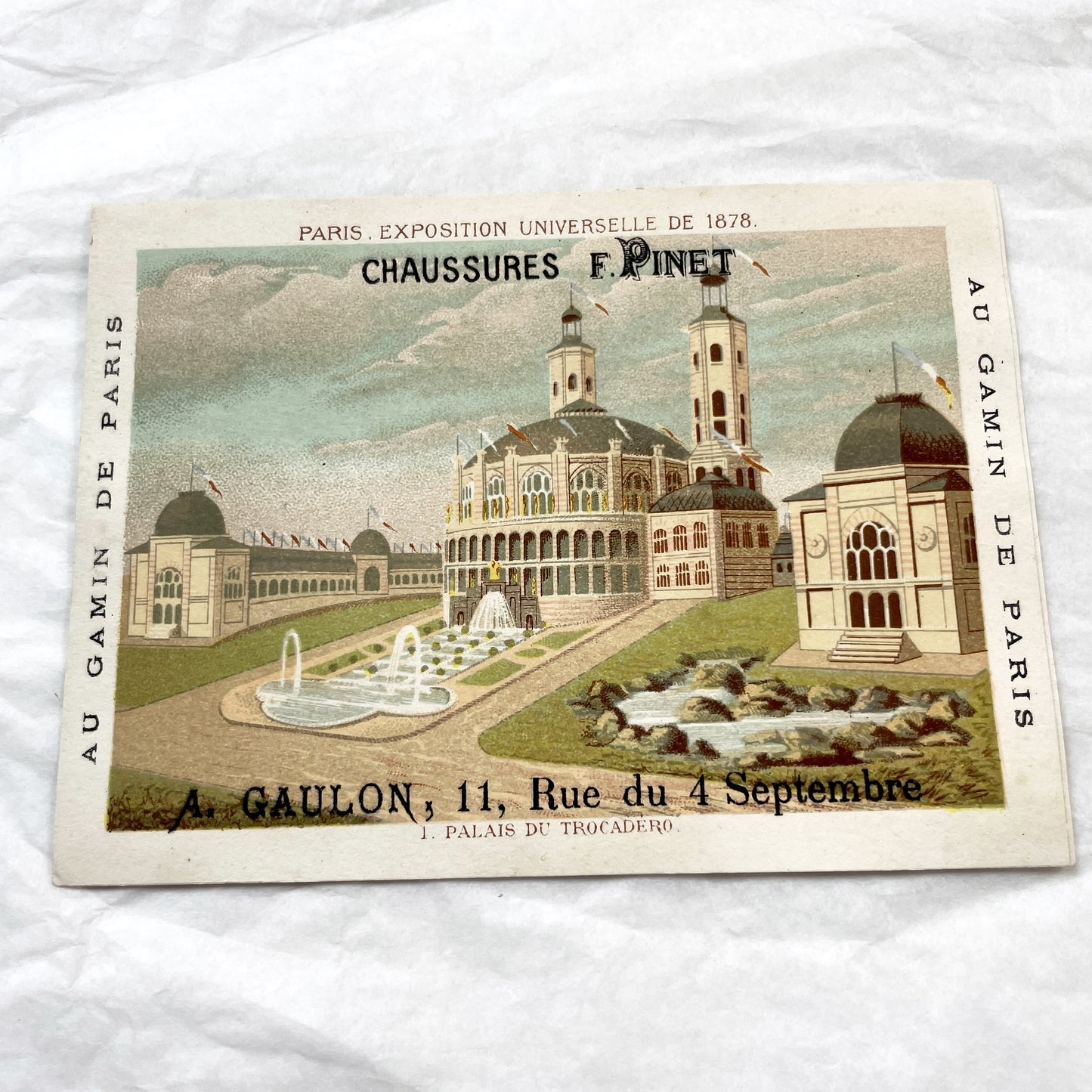 1890s - Two Large Vintage French Chromo - Paris 1878 Universal Exhibition - Palais du Trocadéro - Belgian Pavilion - Shoes Advertising Card