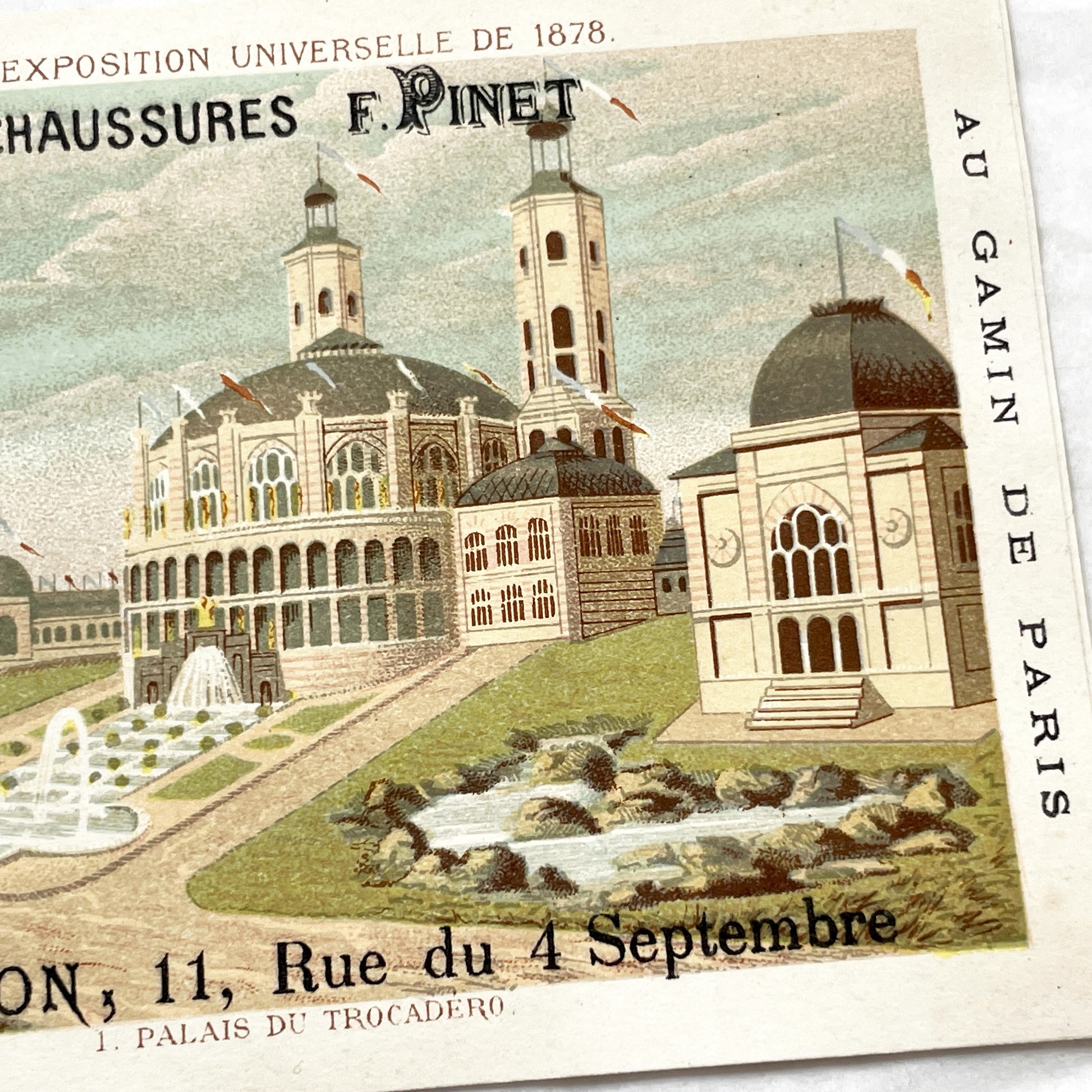 1890s - Two Large Vintage French Chromo - Paris 1878 Universal Exhibition - Palais du Trocadéro - Belgian Pavilion - Shoes Advertising Card