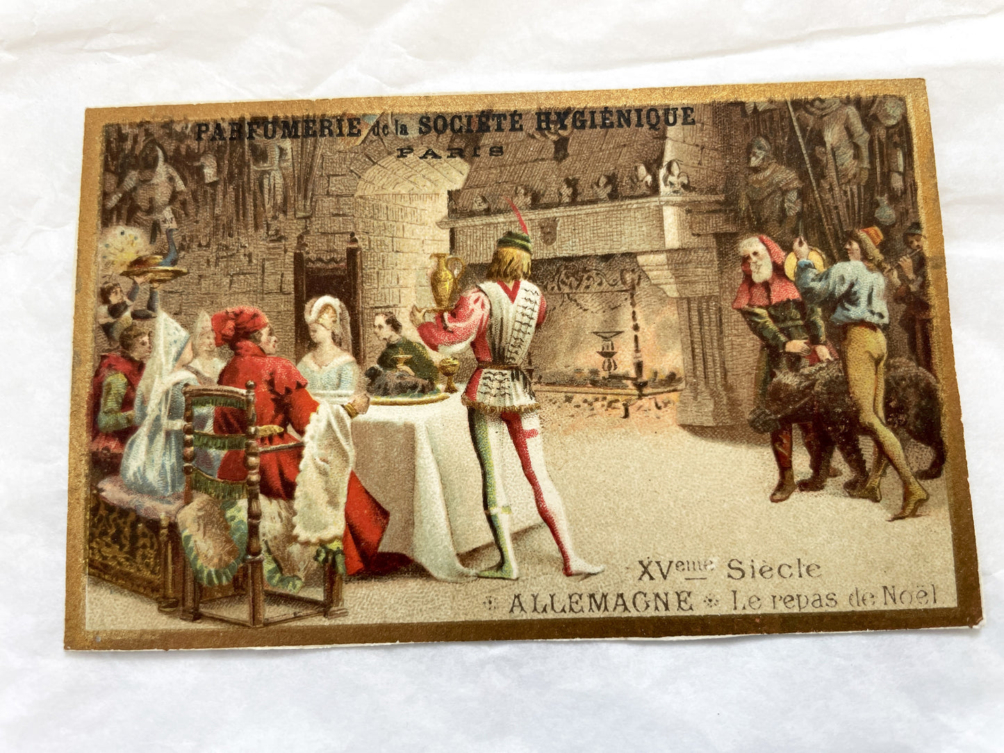 Late 19th - Set of 3 Chromolithograph Advertising Cards - French Perfume - Société Hygiénique Paris - Historical European Holiday Scenes