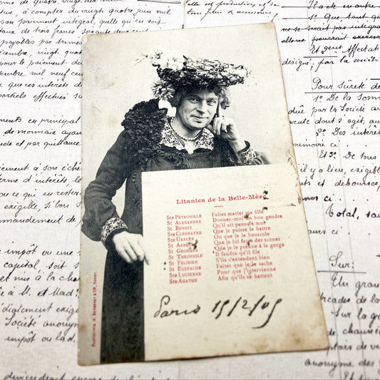 1900s - Antique French Humorous Postcard - Mother-In-Law Litanies - Theatrical Portrait - Drag Artist Photo - Paris 1905