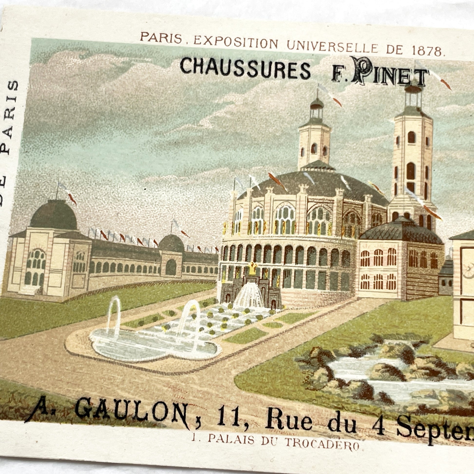 1890s - Two Large Vintage French Chromo - Paris 1878 Universal Exhibition - Palais du Trocadéro - Belgian Pavilion - Shoes Advertising Card