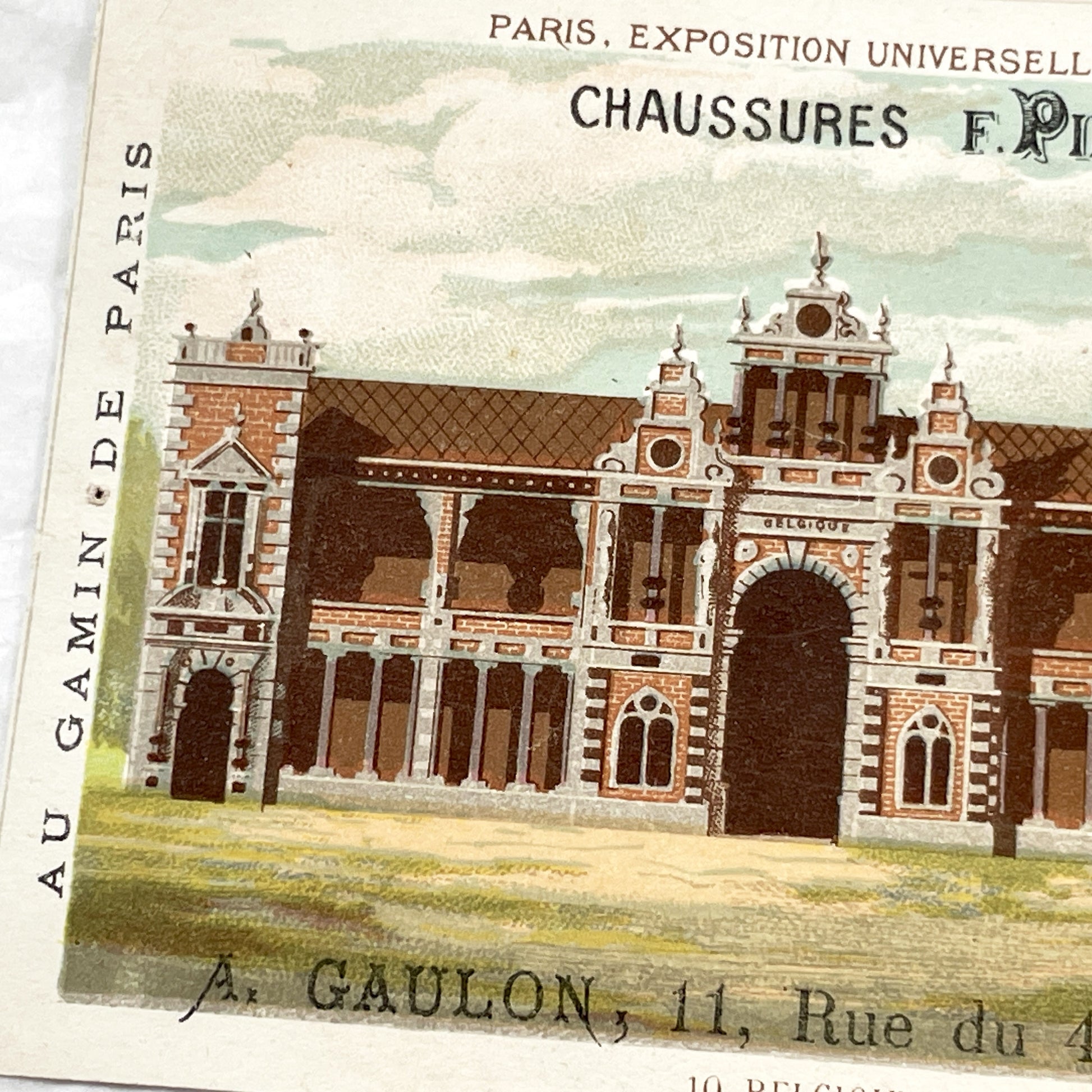 1890s - Two Large Vintage French Chromo - Paris 1878 Universal Exhibition - Palais du Trocadéro - Belgian Pavilion - Shoes Advertising Card