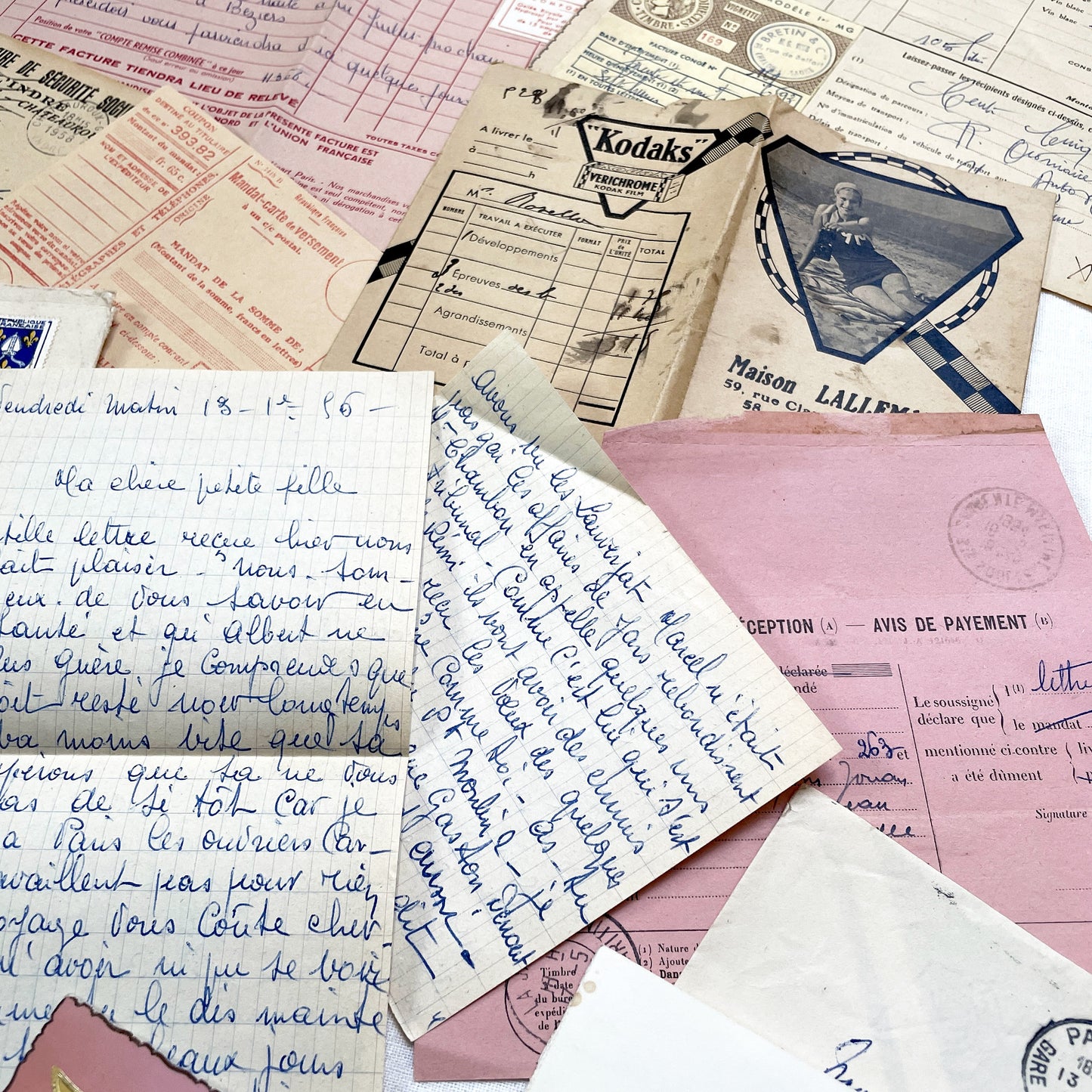 1950s - Authentic French Vintage Paper Ephemera Bundle - Letters - Invoices - Postcards - Photos - Menus - Crafting Journal Supply