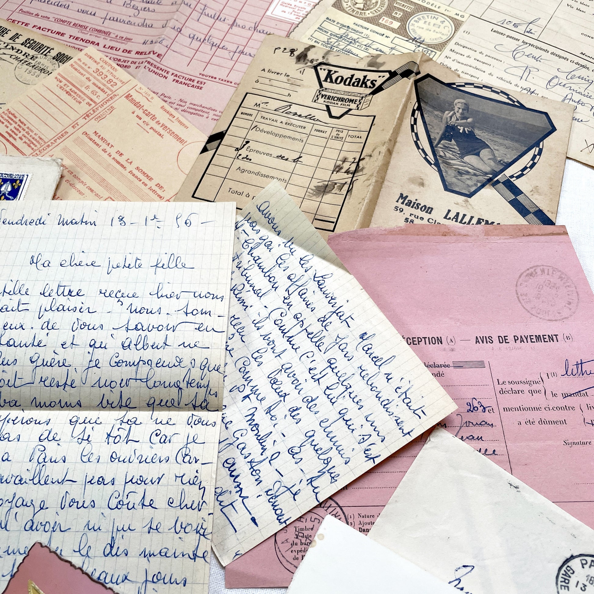 1950s - Authentic French Vintage Paper Ephemera Bundle - Letters - Invoices - Postcards - Photos - Menus - Crafting Journal Supply
