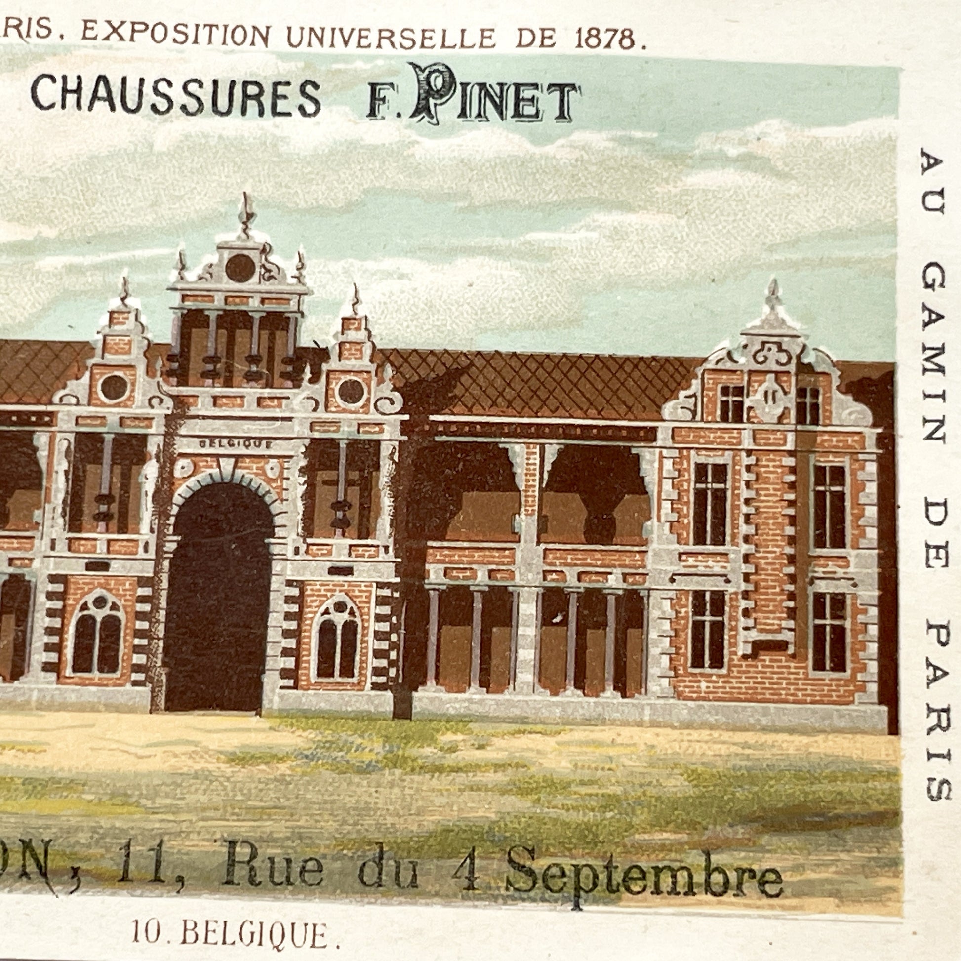 1890s - Two Large Vintage French Chromo - Paris 1878 Universal Exhibition - Palais du Trocadéro - Belgian Pavilion - Shoes Advertising Card