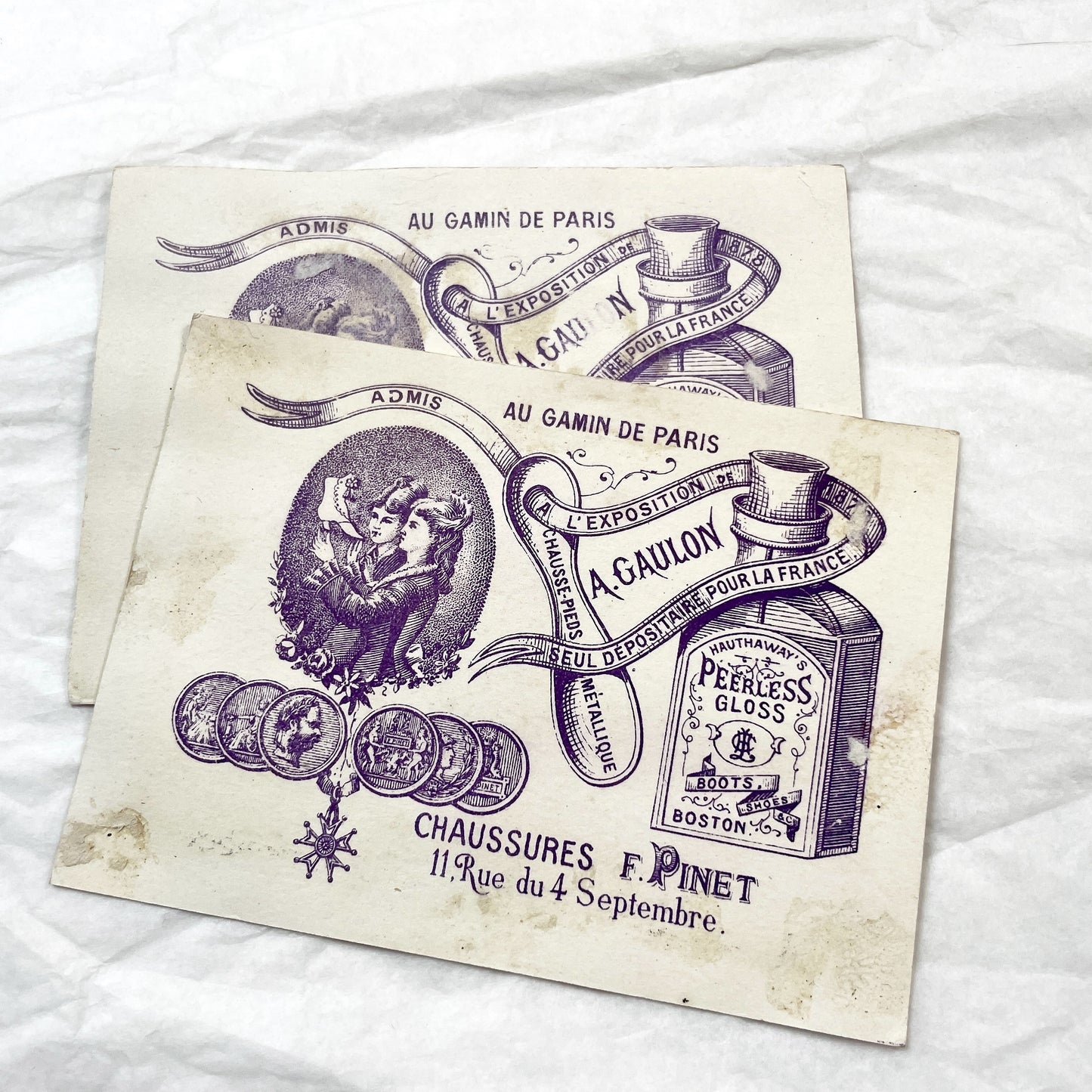 1890s - Two Large Vintage French Chromo - Paris 1878 Universal Exhibition - Palais du Trocadéro - Belgian Pavilion - Shoes Advertising Card