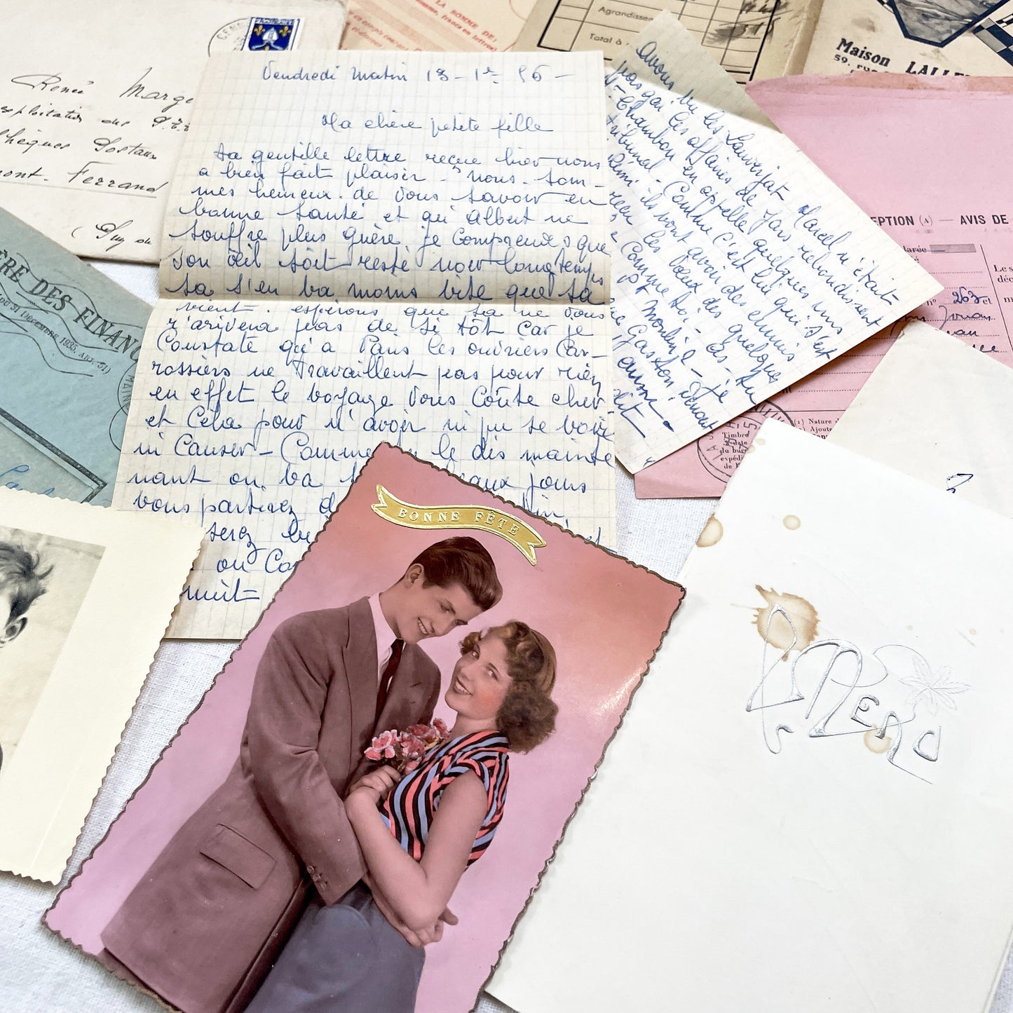 1950s - Authentic French Vintage Paper Ephemera Bundle - Letters - Invoices - Postcards - Photos - Menus - Crafting Journal Supply