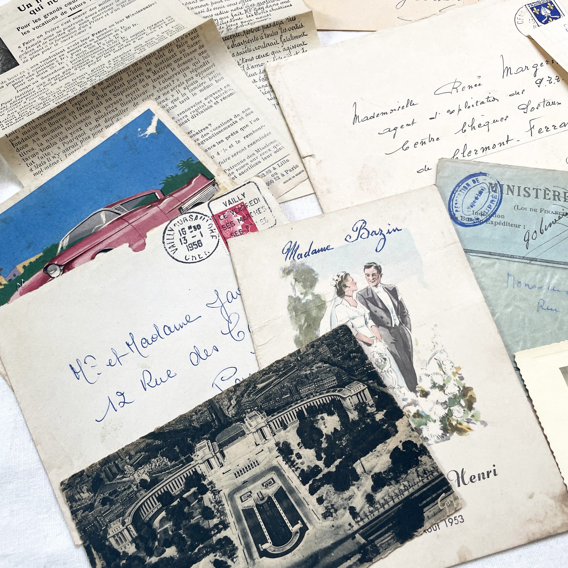 1950s - Authentic French Vintage Paper Ephemera Bundle - Letters - Invoices - Postcards - Photos - Menus - Crafting Journal Supply