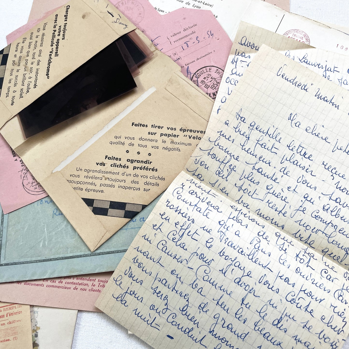 1950s - Authentic French Vintage Paper Ephemera Bundle - Letters - Invoices - Postcards - Photos - Menus - Crafting Journal Supply