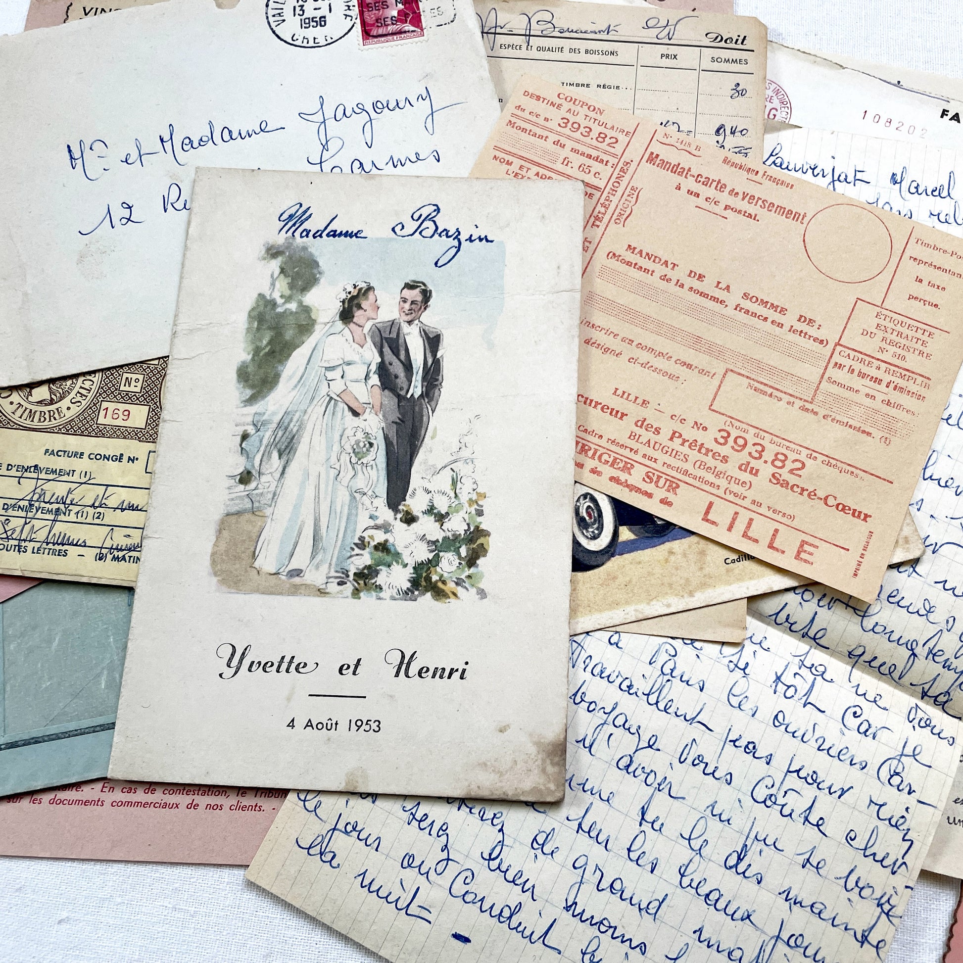 1950s - Authentic French Vintage Paper Ephemera Bundle - Letters - Invoices - Postcards - Photos - Menus - Crafting Journal Supply