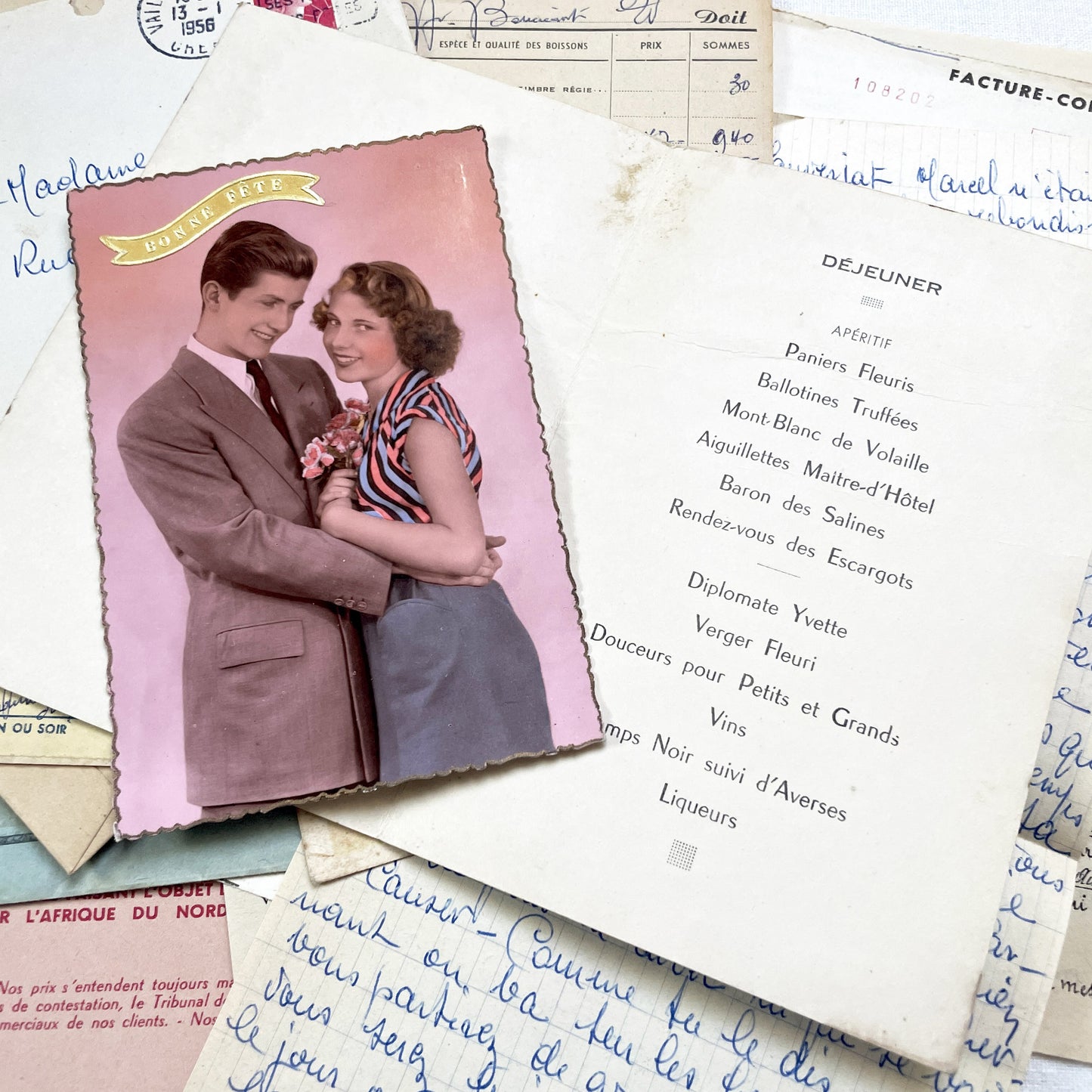 1950s - Authentic French Vintage Paper Ephemera Bundle - Letters - Invoices - Postcards - Photos - Menus - Crafting Journal Supply