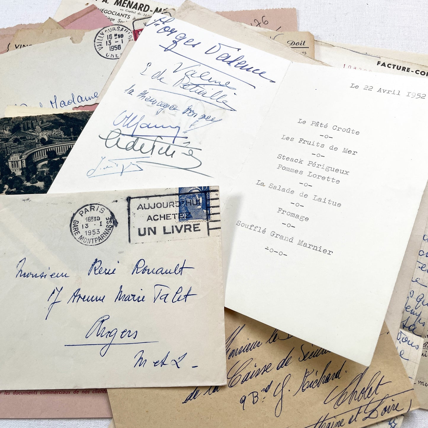 1950s - Authentic French Vintage Paper Ephemera Bundle - Letters - Invoices - Postcards - Photos - Menus - Crafting Journal Supply