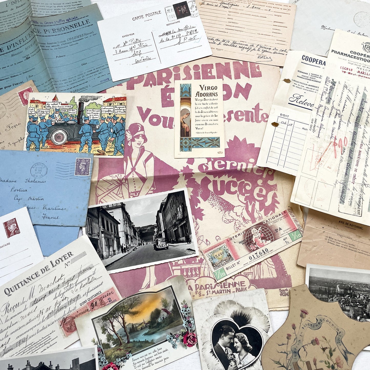 1940s - Vintage French Paper Ephemera Lot - Document Collection - Postcards - Invoices - Letters - Advertising - Scrapbooking Supply