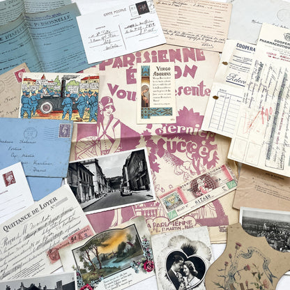 1940s - Vintage French Paper Ephemera Lot - Document Collection - Postcards - Invoices - Letters - Advertising - Scrapbooking Supply