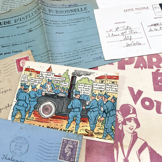 1940s - Vintage French Paper Ephemera Lot - Document Collection - Postcards - Invoices - Letters - Advertising - Scrapbooking Supply
