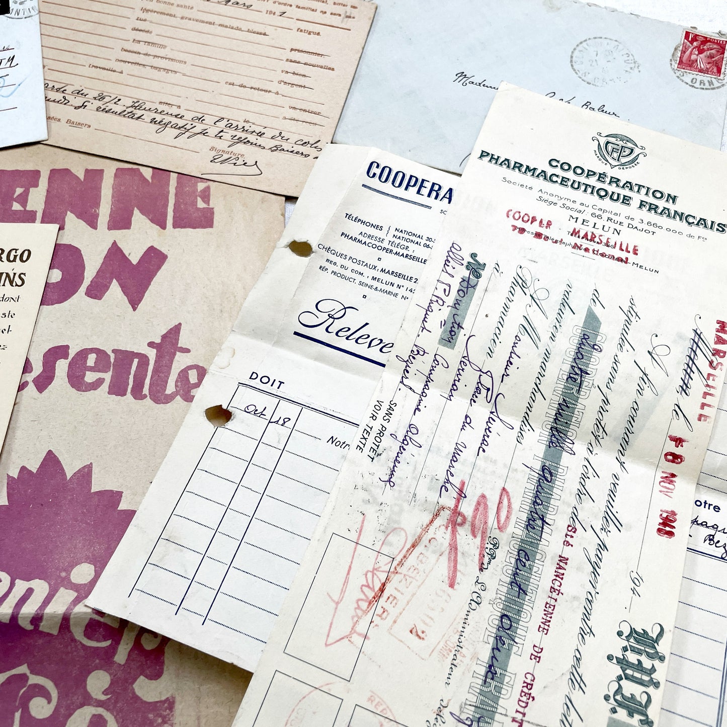 1940s - Vintage French Paper Ephemera Lot - Document Collection - Postcards - Invoices - Letters - Advertising - Scrapbooking Supply