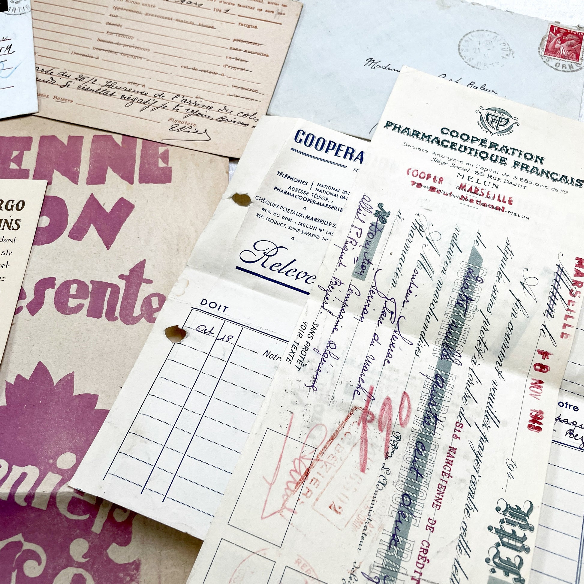 1940s - Vintage French Paper Ephemera Lot - Document Collection - Postcards - Invoices - Letters - Advertising - Scrapbooking Supply