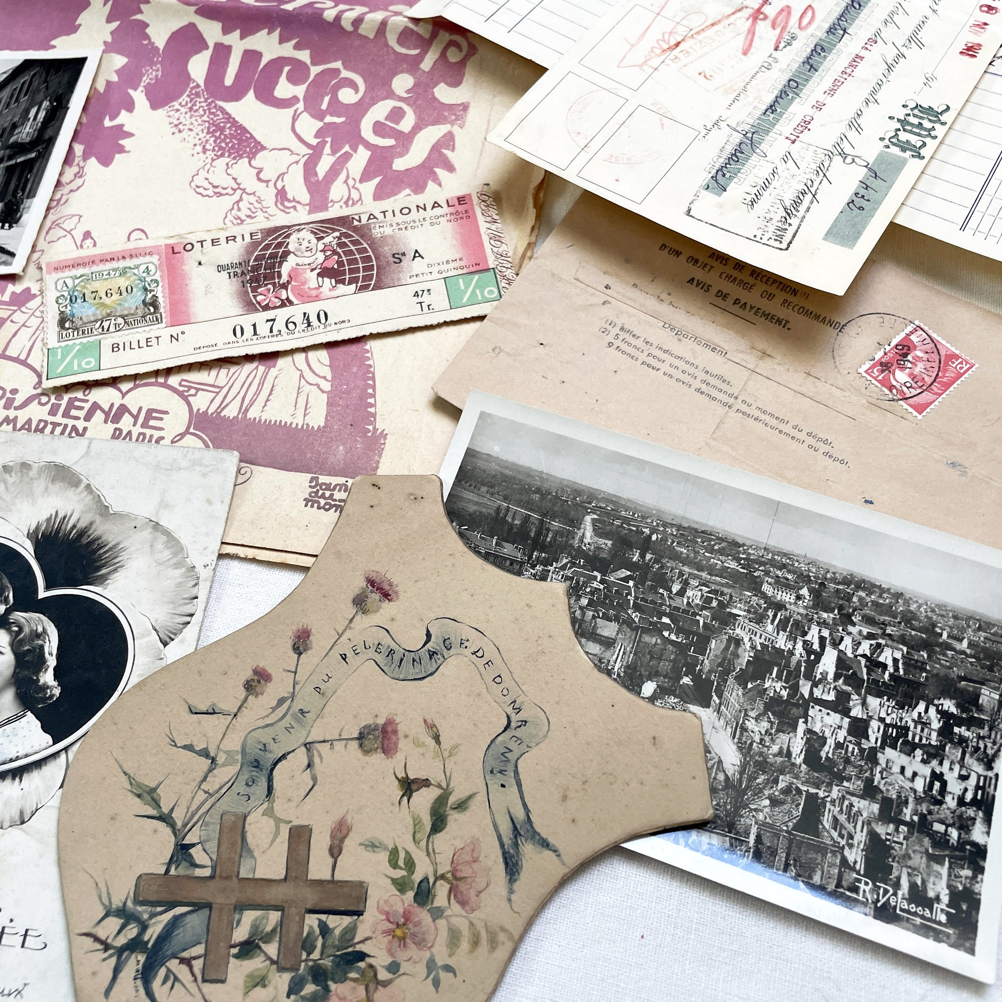 1940s - Vintage French Paper Ephemera Lot - Document Collection - Postcards - Invoices - Letters - Advertising - Scrapbooking Supply