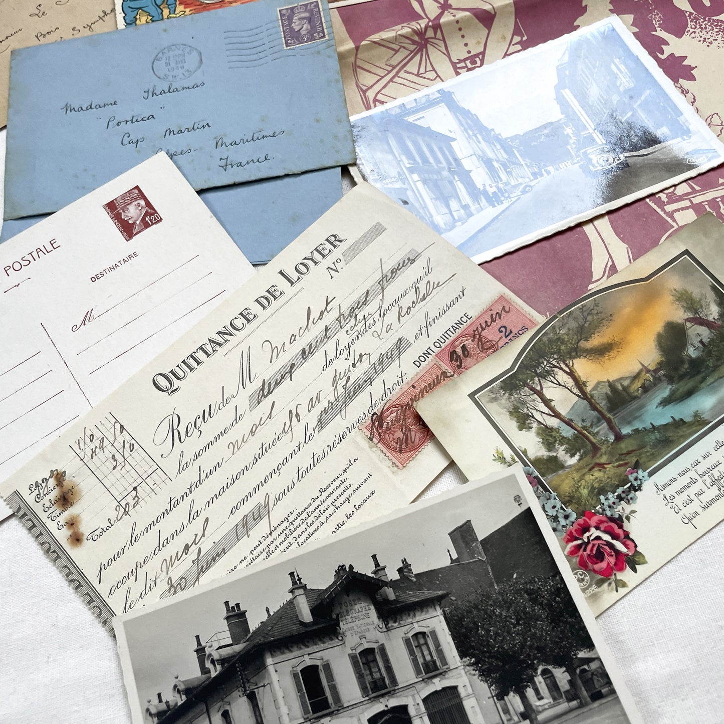 1940s - Vintage French Paper Ephemera Lot - Document Collection - Postcards - Invoices - Letters - Advertising - Scrapbooking Supply